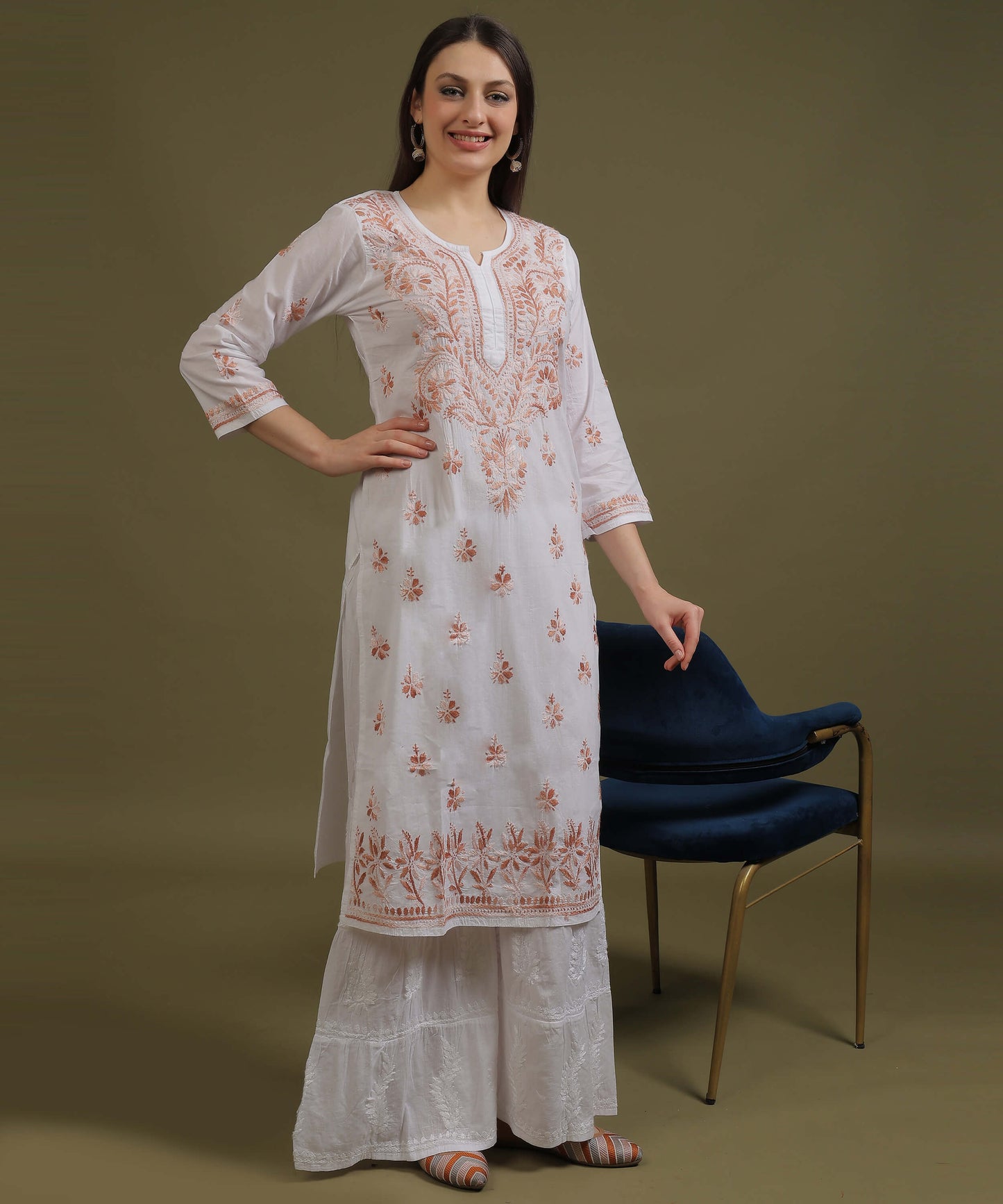 NEA Chikankari White Cotton Kurti With Shaded Light Brown Embroidery