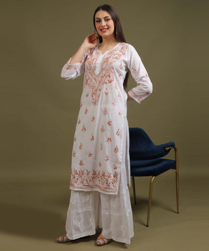 NEA Chikankari White Cotton Kurti With Shaded Light Brown Embroidery