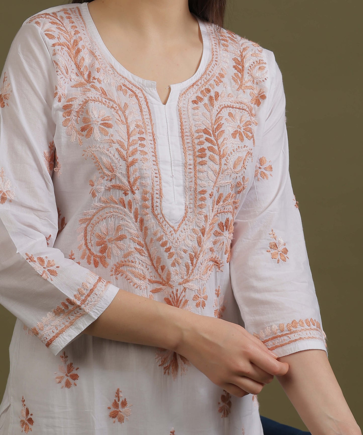 NEA Chikankari White Cotton Kurti With Shaded Light Brown Embroidery