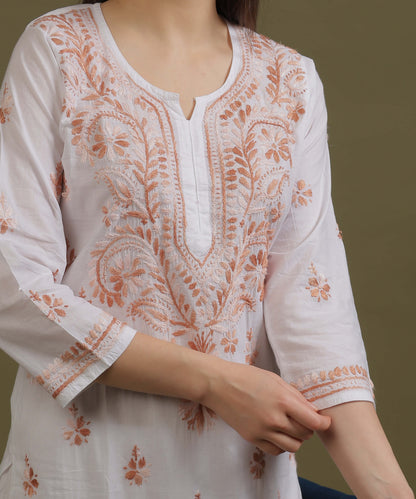 NEA Chikankari White Cotton Kurti With Shaded Light Brown Embroidery