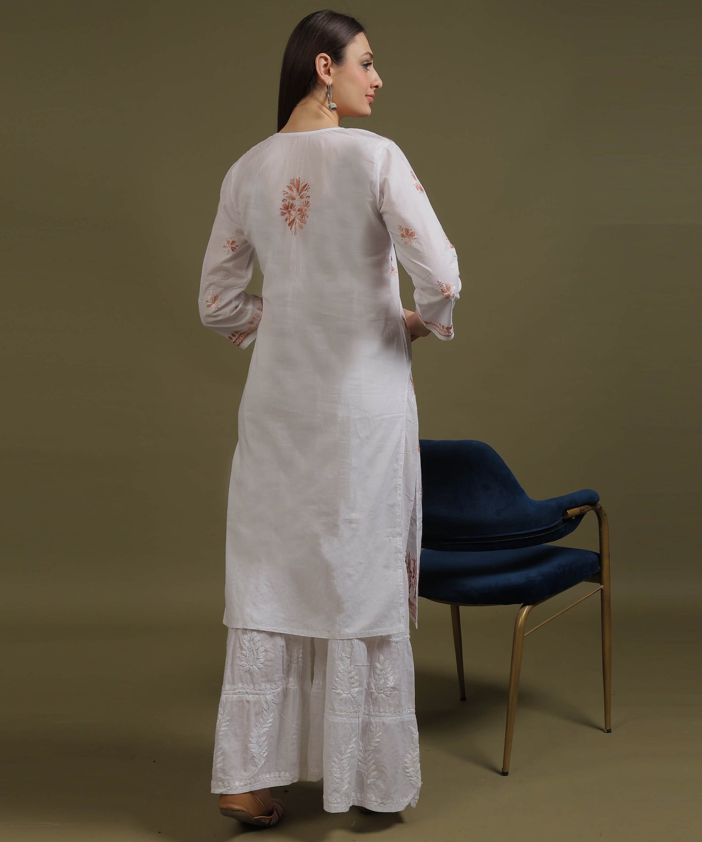 NEA Chikankari White Cotton Kurti With Shaded Light Brown Embroidery