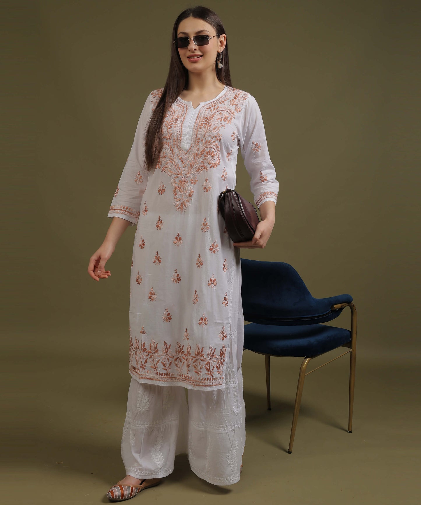 NEA Chikankari White Cotton Kurti With Shaded Light Brown Embroidery