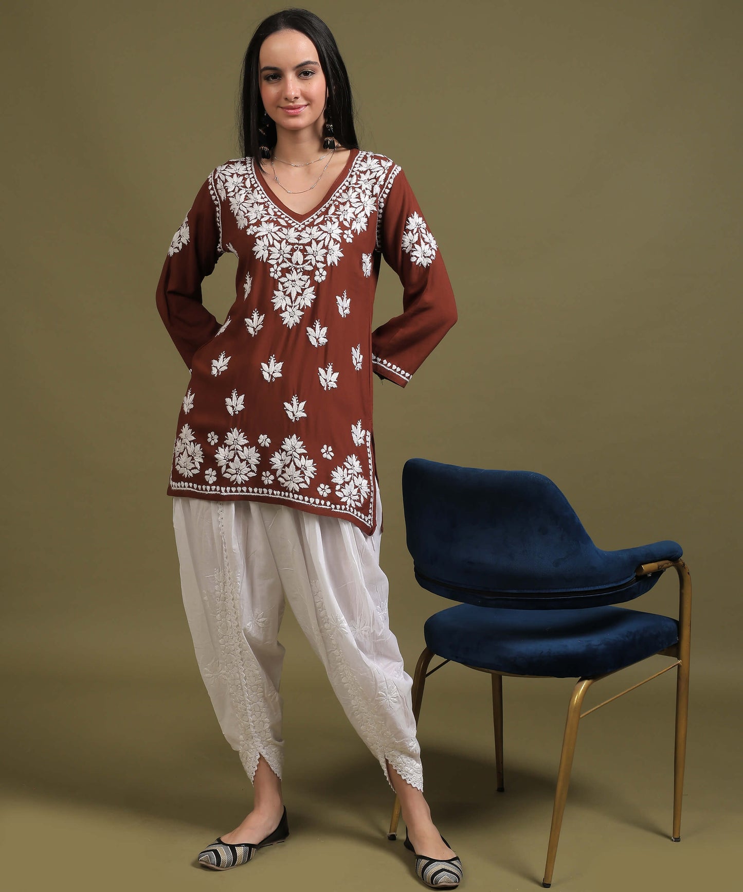 NEA Chikankari Light Brown Rayon Short Top With White Embroidery