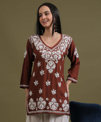 NEA Chikankari Light Brown Rayon Short Top With White Embroidery