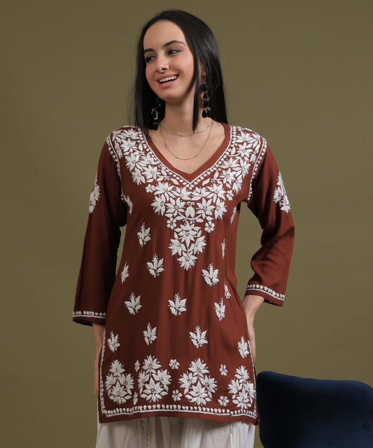 NEA Chikankari Light Brown Rayon Short Top With White Embroidery