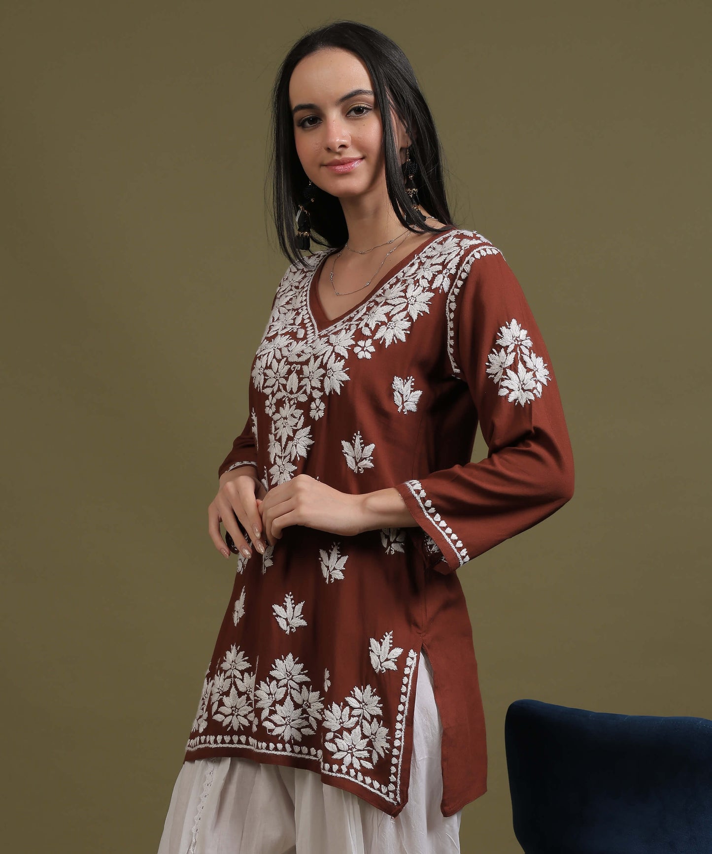 NEA Chikankari Light Brown Rayon Short Top With White Embroidery