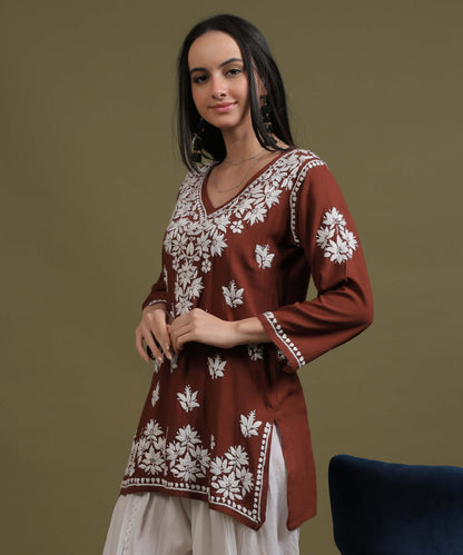 NEA Chikankari Light Brown Rayon Short Top With White Embroidery