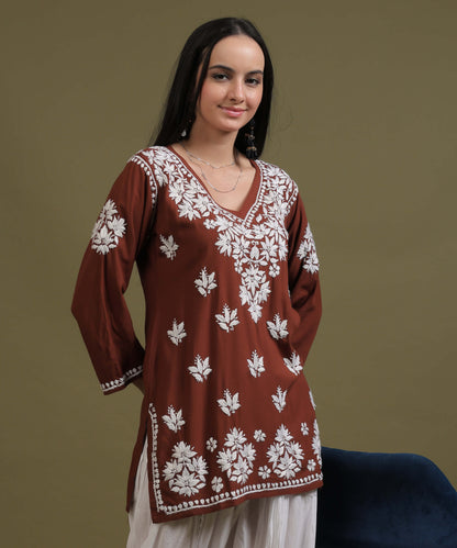 NEA Chikankari Light Brown Rayon Short Top With White Embroidery