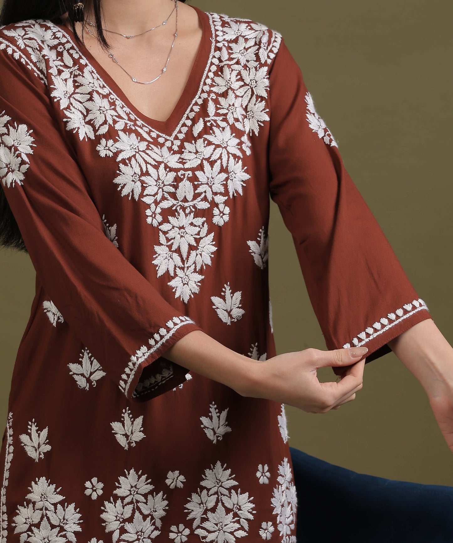 NEA Chikankari Light Brown Rayon Short Top With White Embroidery