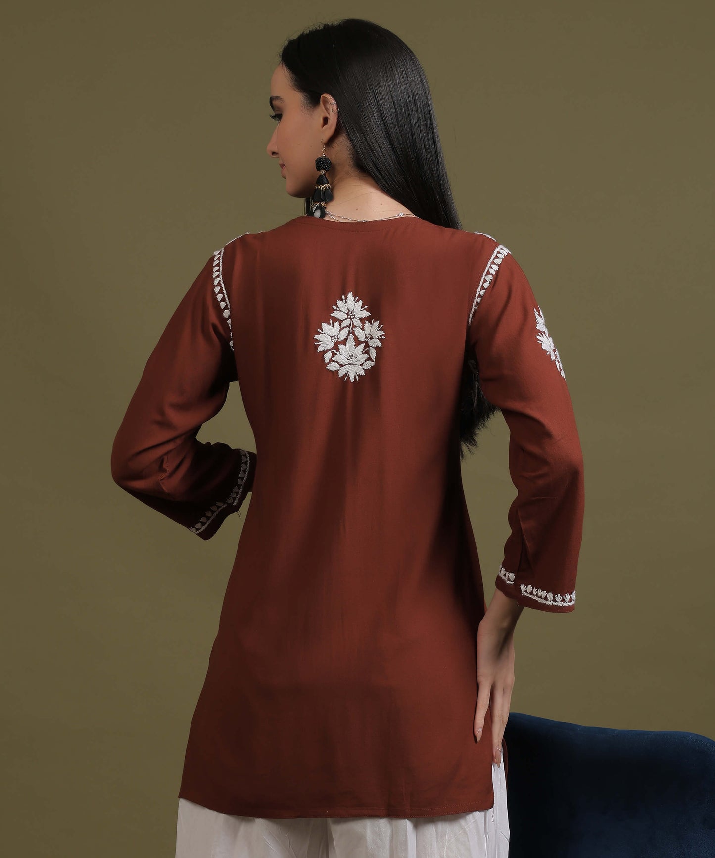 NEA Chikankari Light Brown Rayon Short Top With White Embroidery