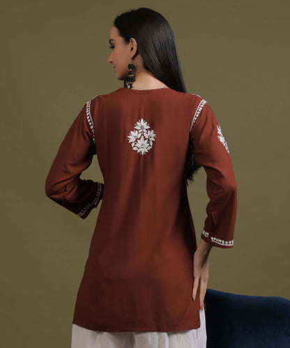 NEA Chikankari Light Brown Rayon Short Top With White Embroidery