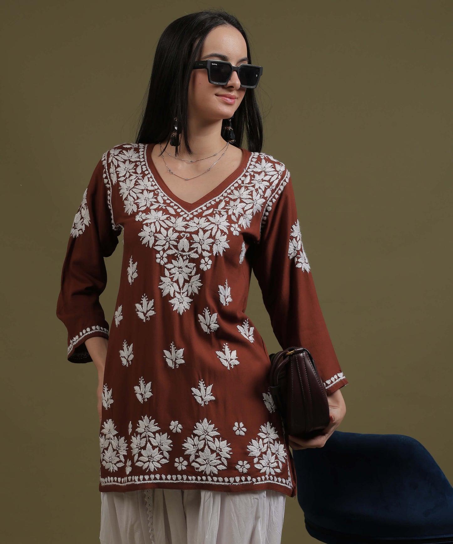 NEA Chikankari Light Brown Rayon Short Top With White Embroidery