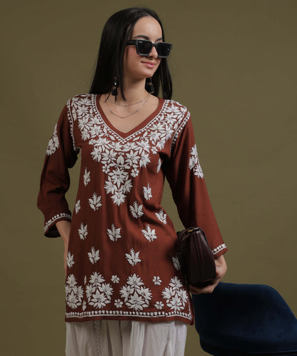 NEA Chikankari Light Brown Rayon Short Top With White Embroidery