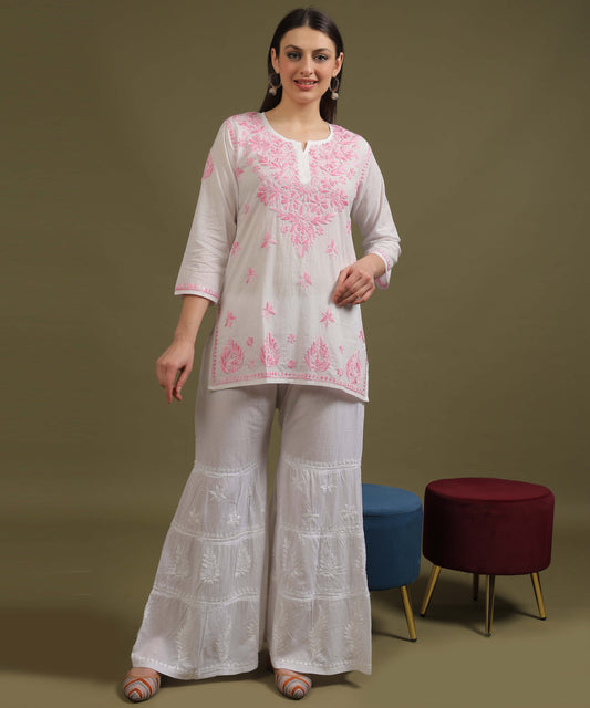 NEA Chikankari White Cotton Short Top With Shaded Baby Pink Embroidery