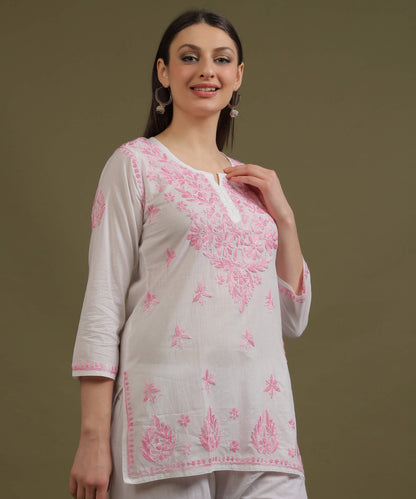 NEA Chikankari White Cotton Short Top With Shaded Baby Pink Embroidery