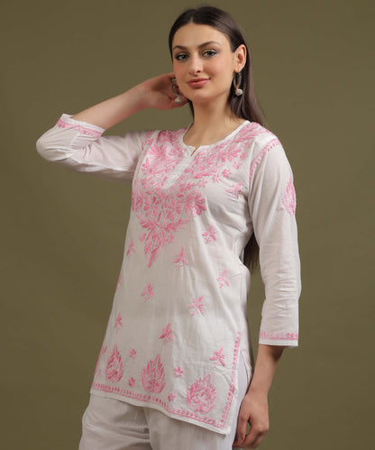 NEA Chikankari White Cotton Short Top With Shaded Baby Pink Embroidery