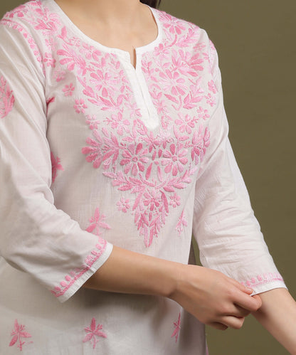 NEA Chikankari White Cotton Short Top With Shaded Baby Pink Embroidery