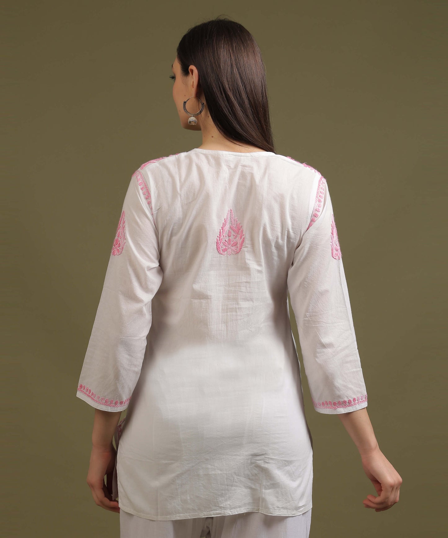 NEA Chikankari White Cotton Short Top With Shaded Baby Pink Embroidery