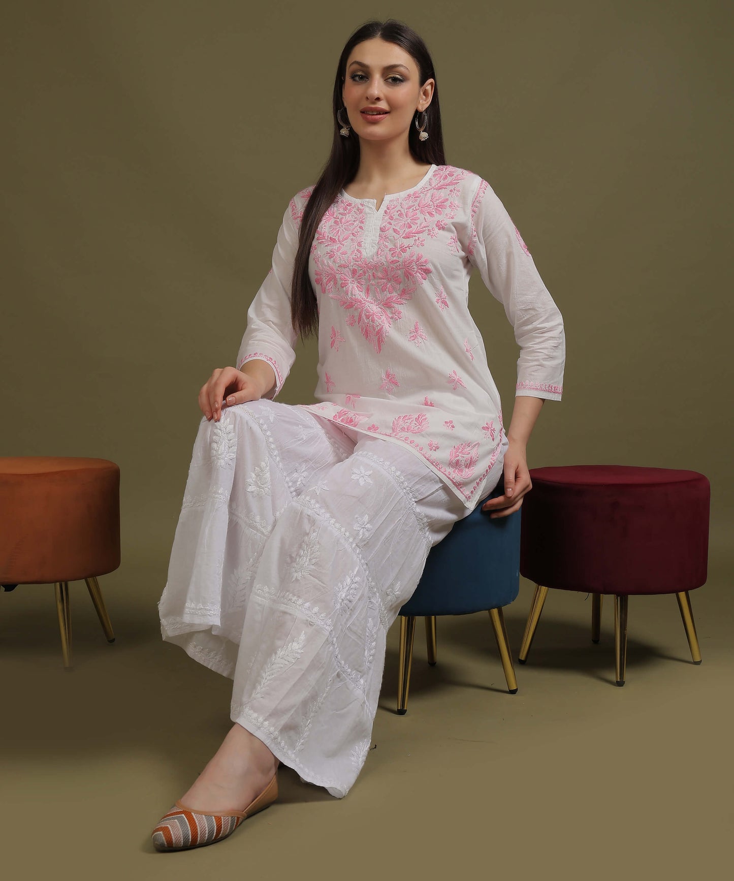 NEA Chikankari White Cotton Short Top With Shaded Baby Pink Embroidery