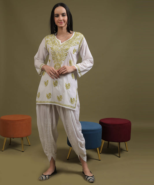 NEA Chikankari White Cotton Short Kurti With Olive Green Embroidery