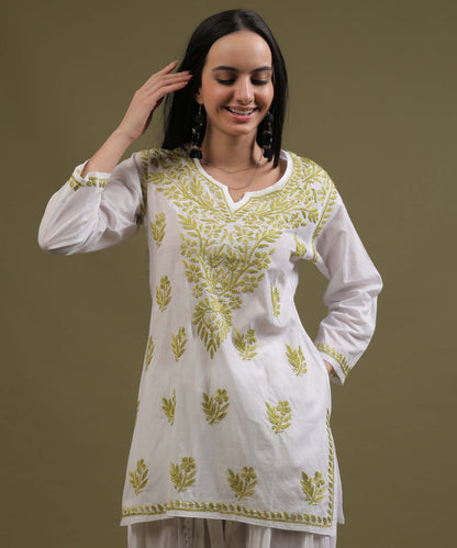 NEA Chikankari White Cotton Short Kurti With Olive Green Embroidery