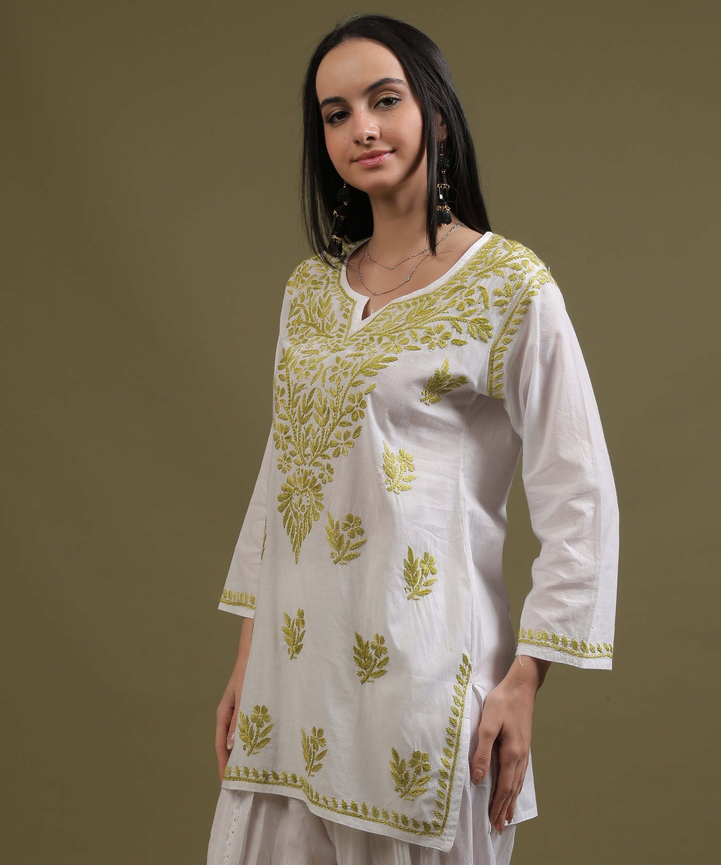 NEA Chikankari White Cotton Short Kurti With Olive Green Embroidery