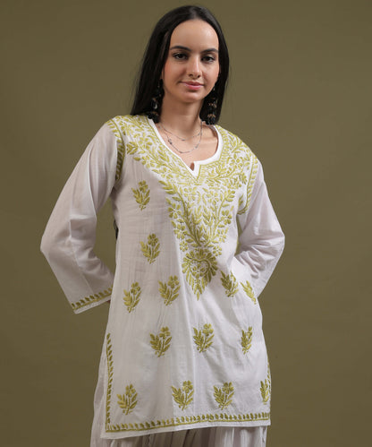 NEA Chikankari White Cotton Short Kurti With Olive Green Embroidery
