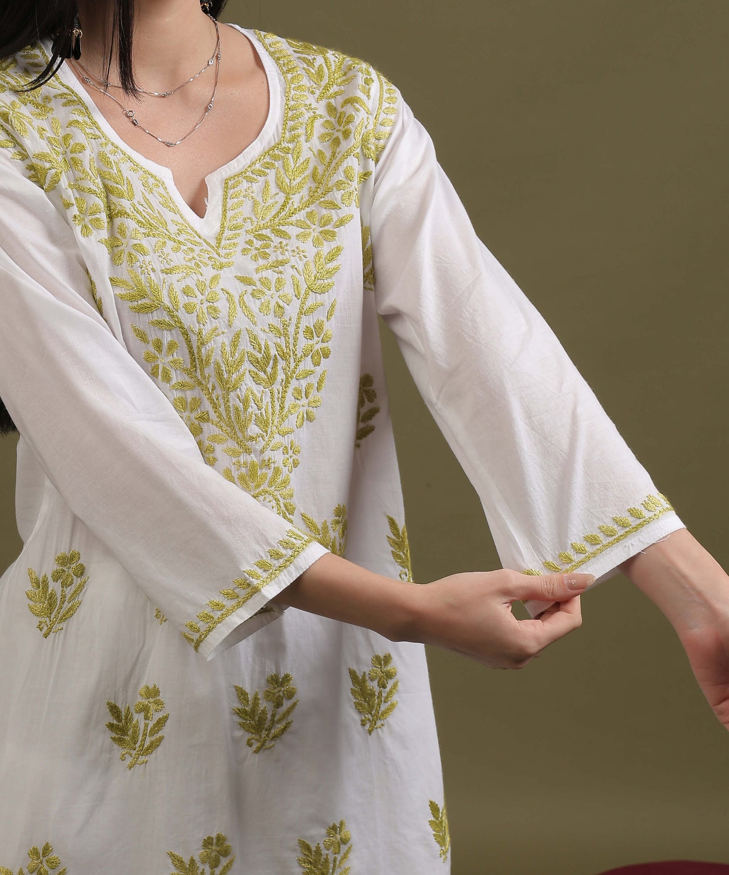 NEA Chikankari White Cotton Short Kurti With Olive Green Embroidery