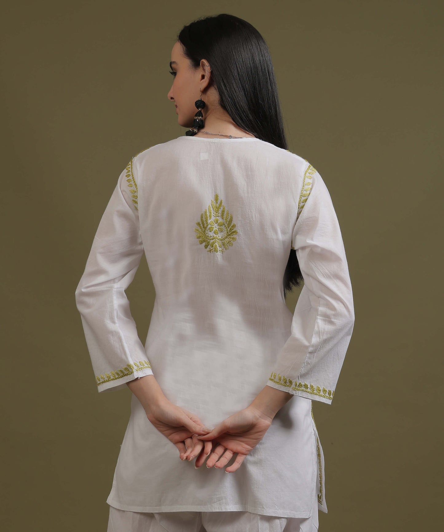 NEA Chikankari White Cotton Short Kurti With Olive Green Embroidery