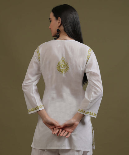 NEA Chikankari White Cotton Short Kurti With Olive Green Embroidery