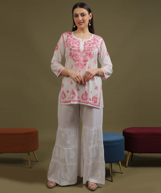 NEA Chikankari White Cotton Short Top With Shaded Pink Embroidery
