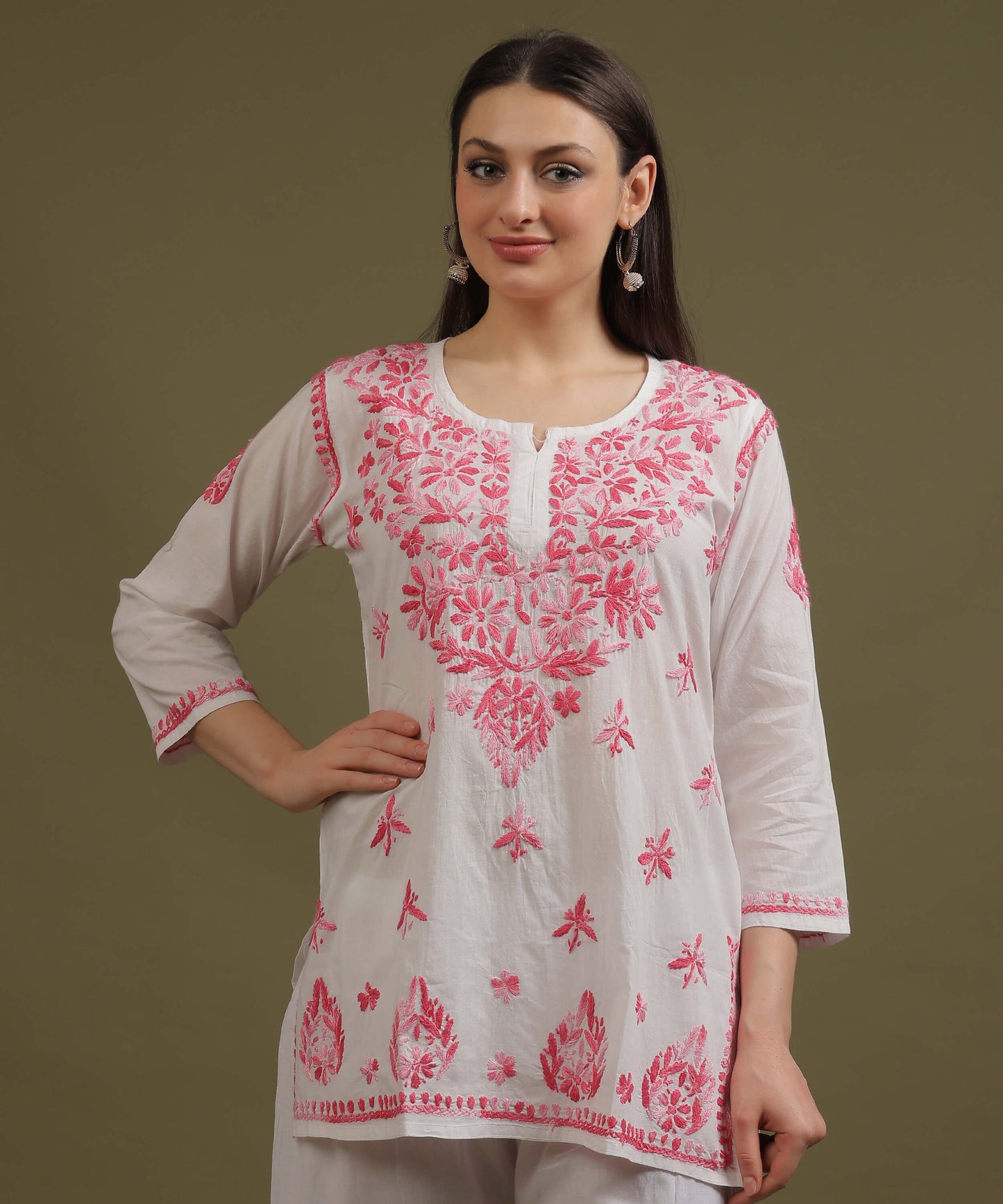 NEA Chikankari White Cotton Short Top With Shaded Pink Embroidery