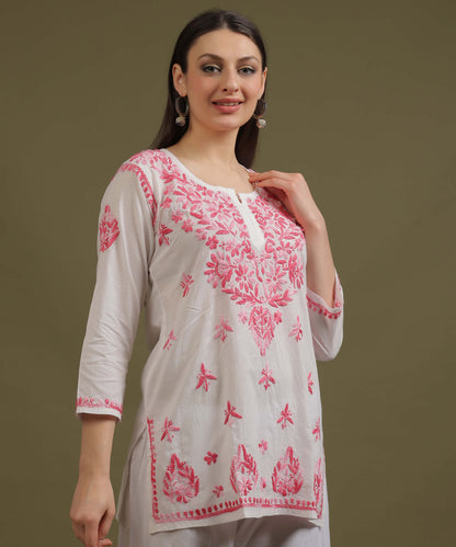 NEA Chikankari White Cotton Short Top With Shaded Pink Embroidery