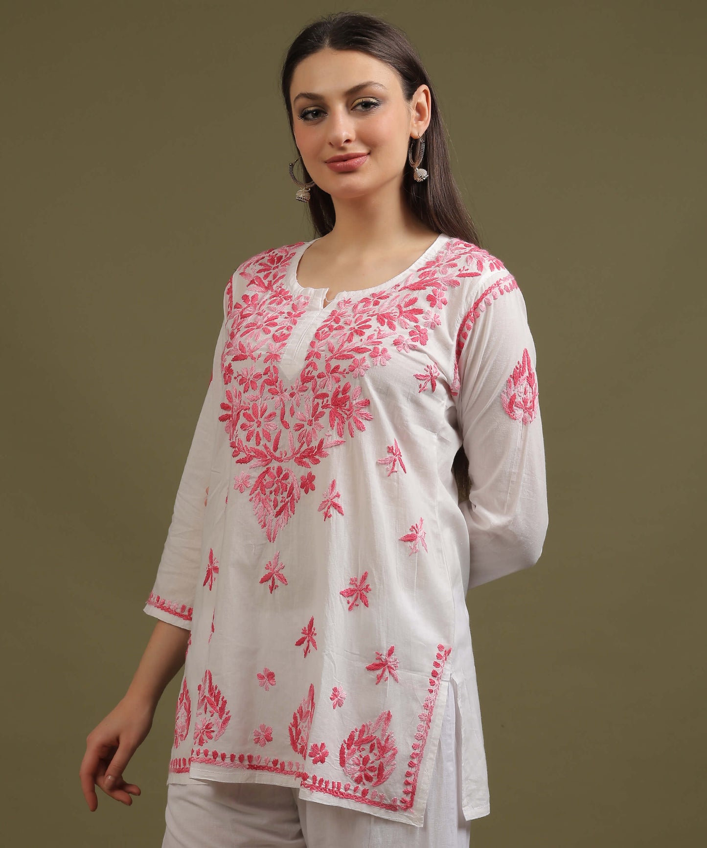 NEA Chikankari White Cotton Short Top With Shaded Pink Embroidery