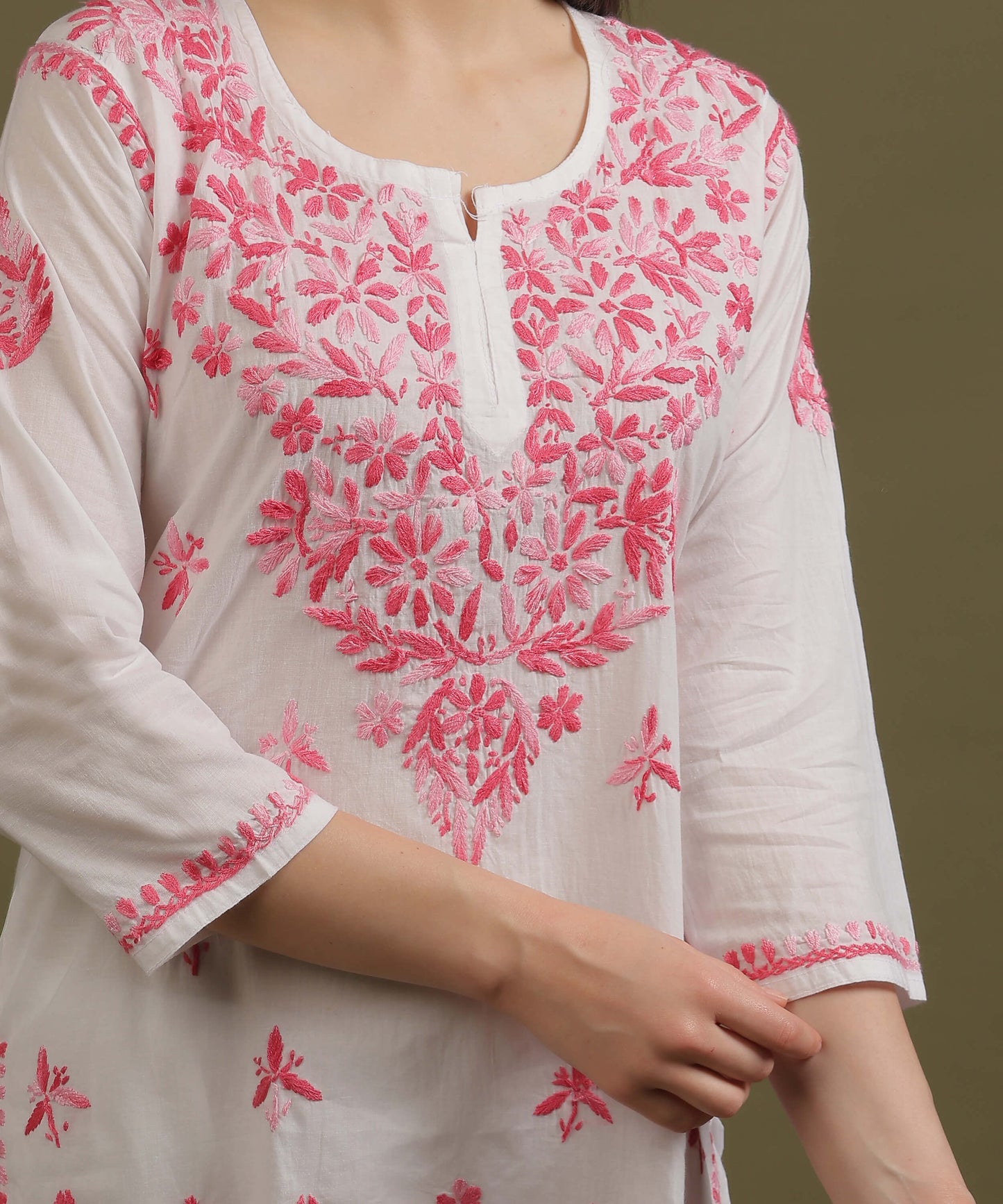 NEA Chikankari White Cotton Short Top With Shaded Pink Embroidery