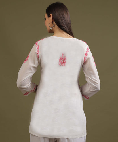 NEA Chikankari White Cotton Short Top With Shaded Pink Embroidery