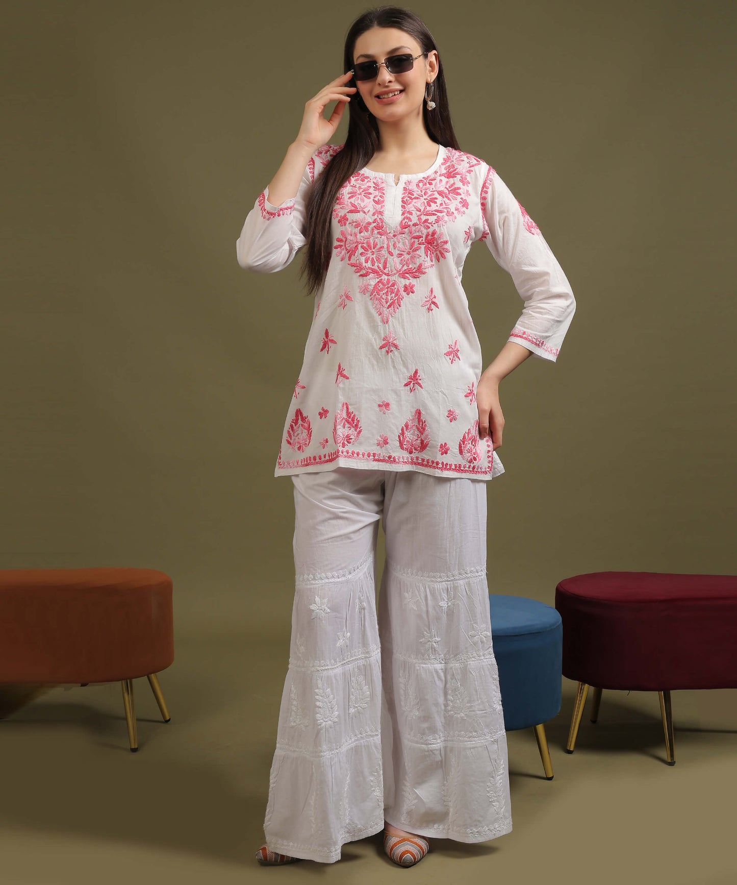 NEA Chikankari White Cotton Short Top With Shaded Pink Embroidery