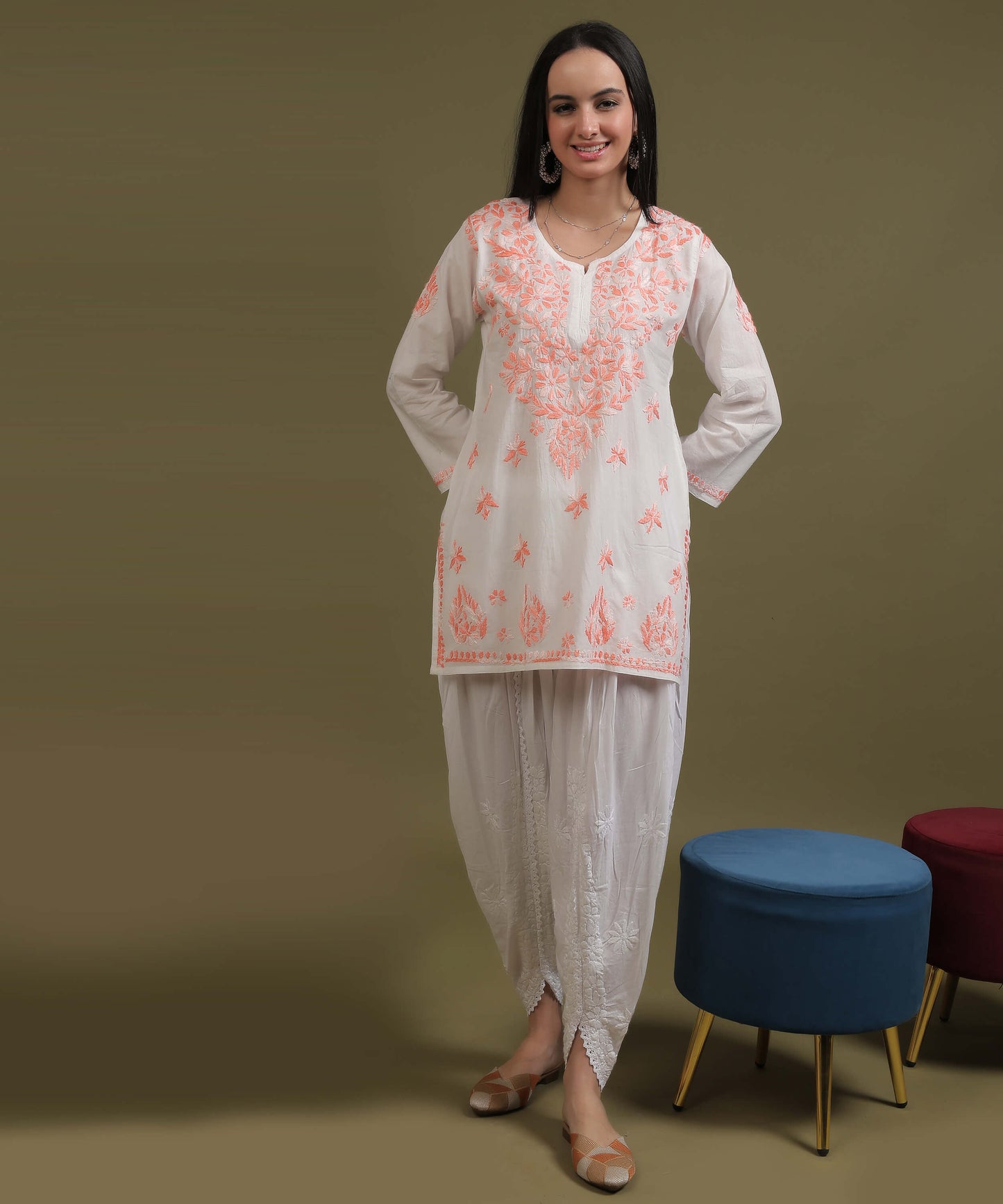 NEA Chikankari White Cambric Cotton Short Kurti With Shaded Peach Embroidery