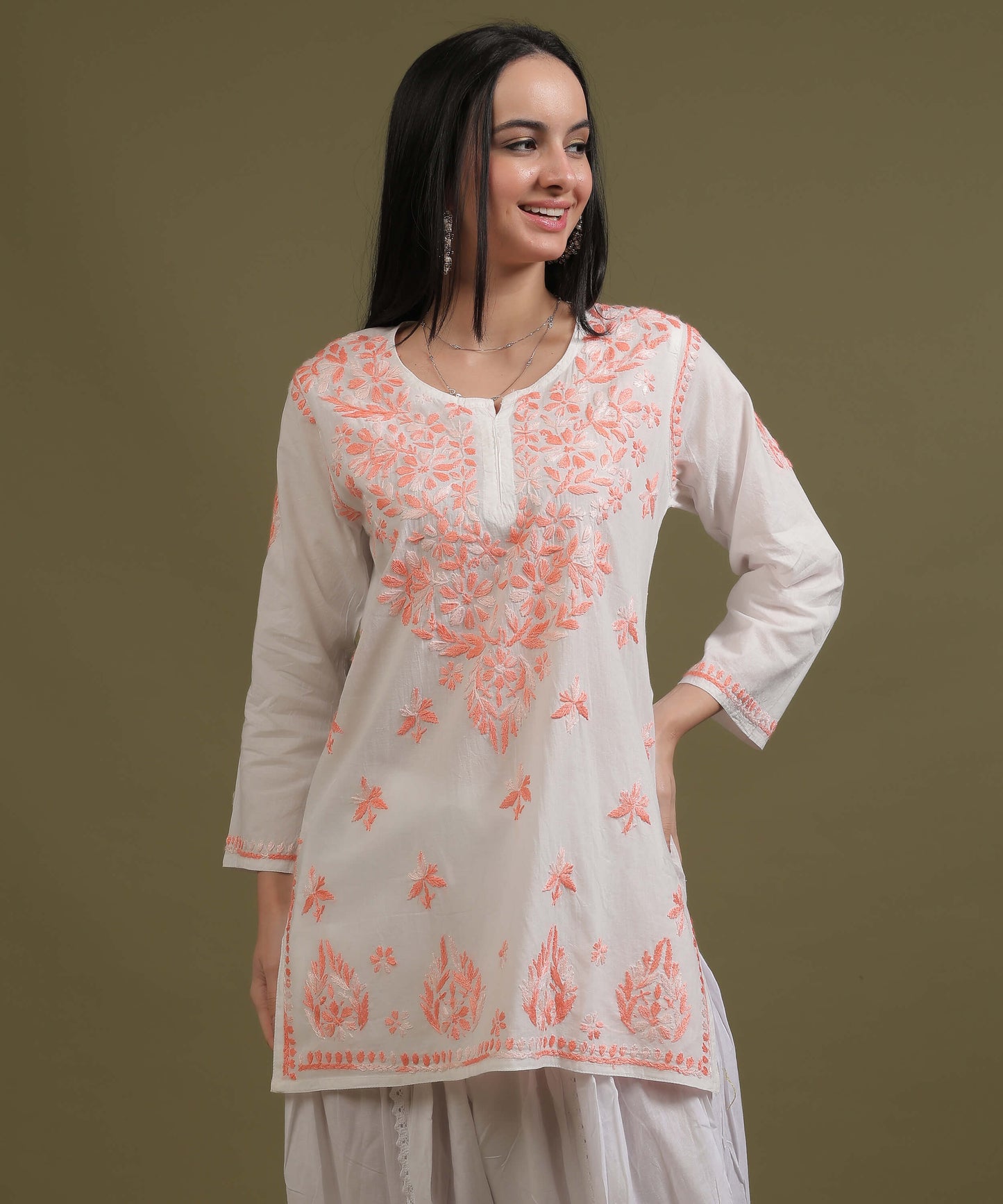 NEA Chikankari White Cambric Cotton Short Kurti With Shaded Peach Embroidery