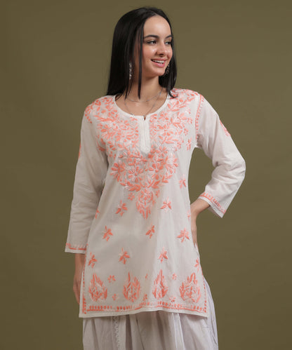 NEA Chikankari White Cambric Cotton Short Kurti With Shaded Peach Embroidery