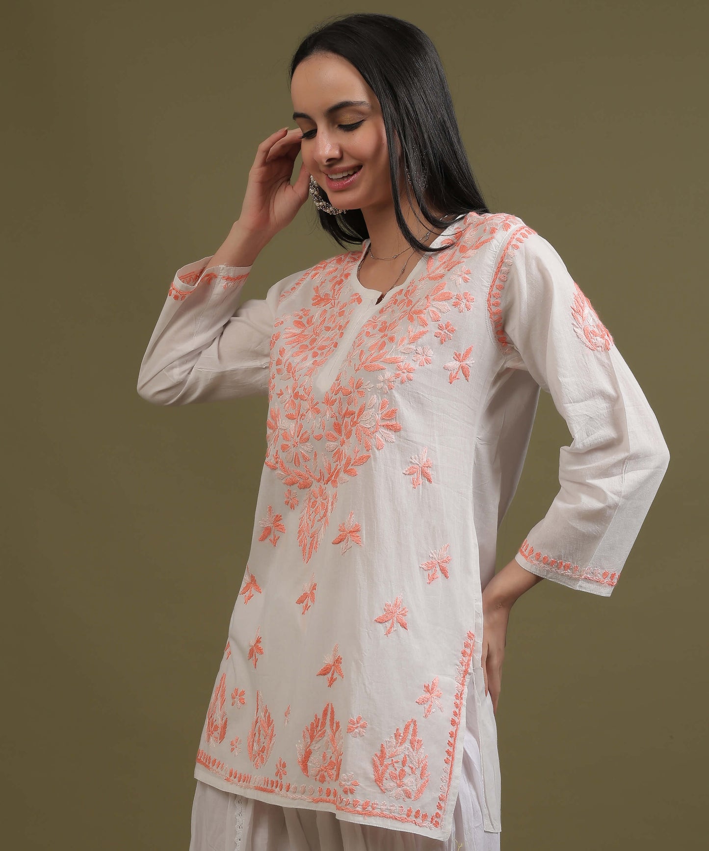 NEA Chikankari White Cambric Cotton Short Kurti With Shaded Peach Embroidery