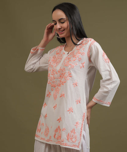NEA Chikankari White Cambric Cotton Short Kurti With Shaded Peach Embroidery