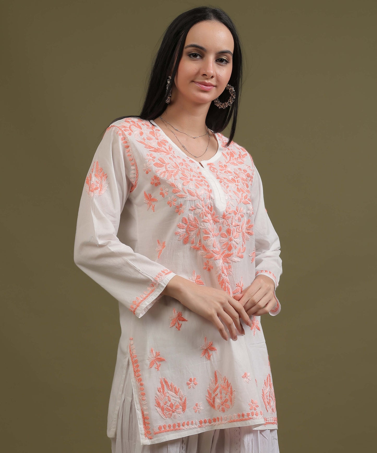 NEA Chikankari White Cambric Cotton Short Kurti With Shaded Peach Embroidery