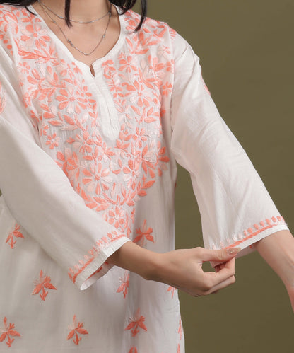NEA Chikankari White Cambric Cotton Short Kurti With Shaded Peach Embroidery