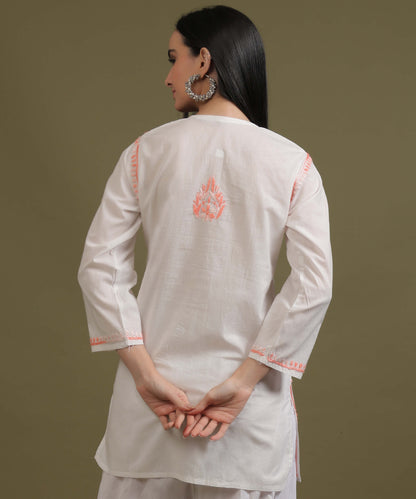 NEA Chikankari White Cambric Cotton Short Kurti With Shaded Peach Embroidery