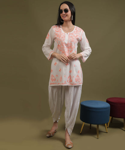 NEA Chikankari White Cambric Cotton Short Kurti With Shaded Peach Embroidery