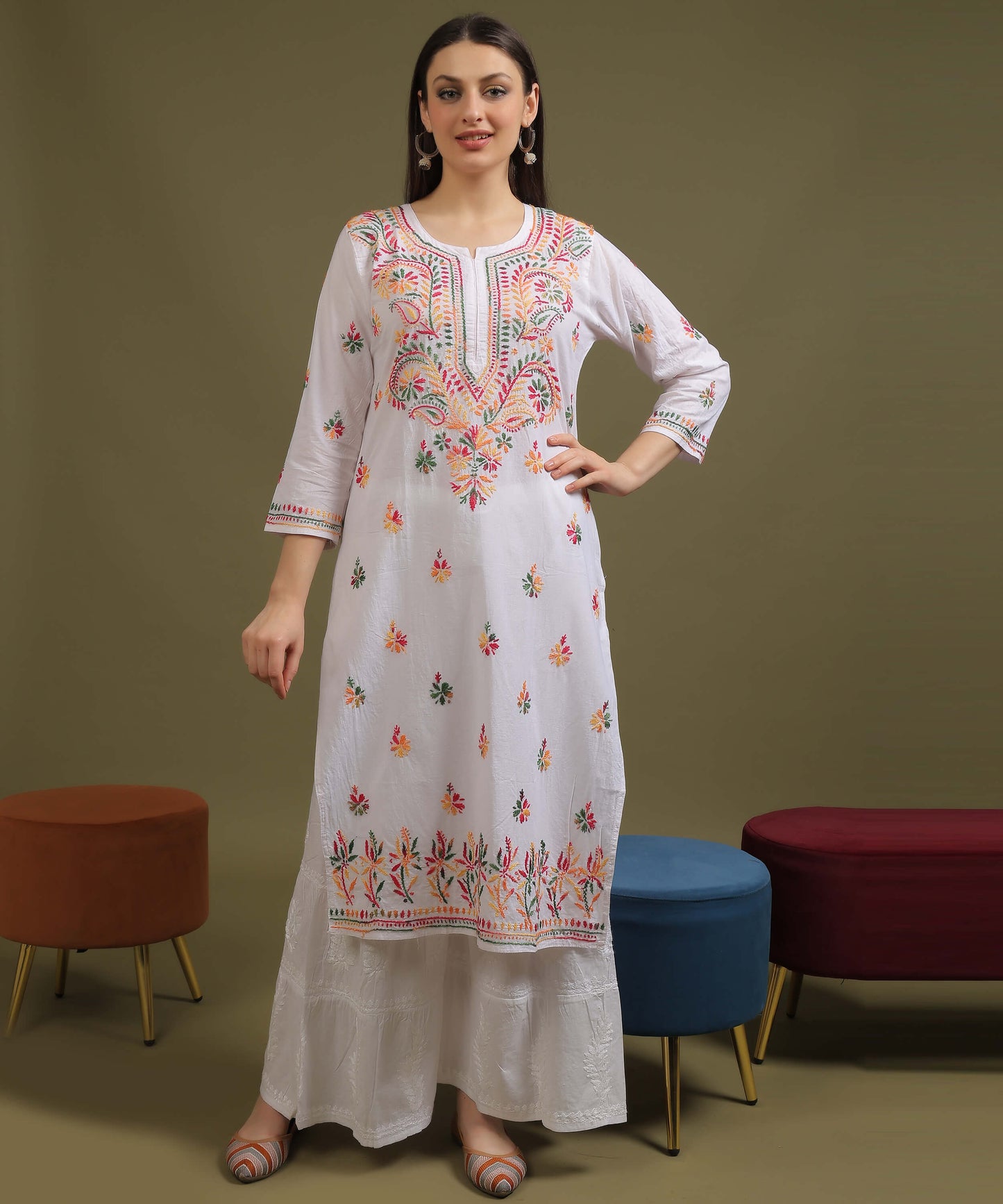 NEA Chikankari White Cotton Kurti With Multicolour Embroidery