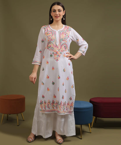 NEA Chikankari White Cotton Kurti With Multicolour Embroidery