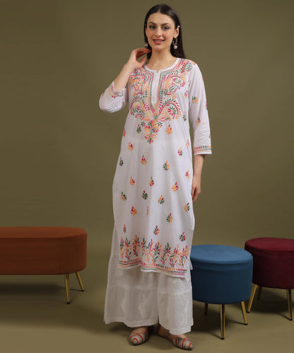 NEA Chikankari White Cotton Kurti With Multicolour Embroidery