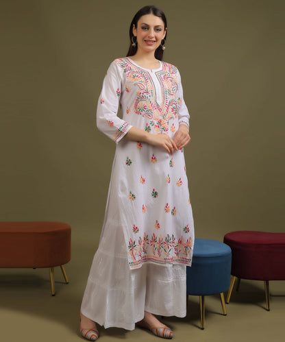 NEA Chikankari White Cotton Kurti With Multicolour Embroidery